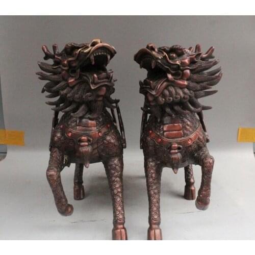 16" Chinese Copper Feng shui Unicorn Beast Animal Statue Pair