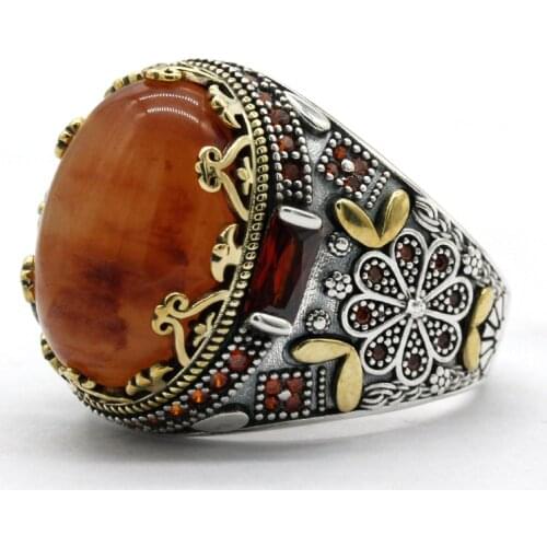 New Turkish 925 Sterling Silver Man Ring with Natural Quartz Stone for Men Women Birthday Gift Classic Vintage Brass Jewelry