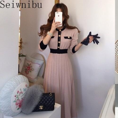 Korean Ladies Knitted Sweater Dress One-Piece WomenS Long Sleeve Pleated Dresses 2020 Winter Fashion Lady Knit Dress Long Dress