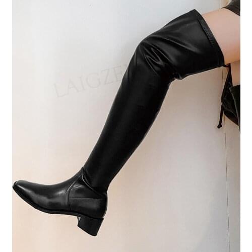 LAIGZEM Women Over Knee High Boots Leather+Stretchy PU 4.5CM Block Heeled Boots Thigh High Shoes Woman Laigzem Size 33 38 39 43