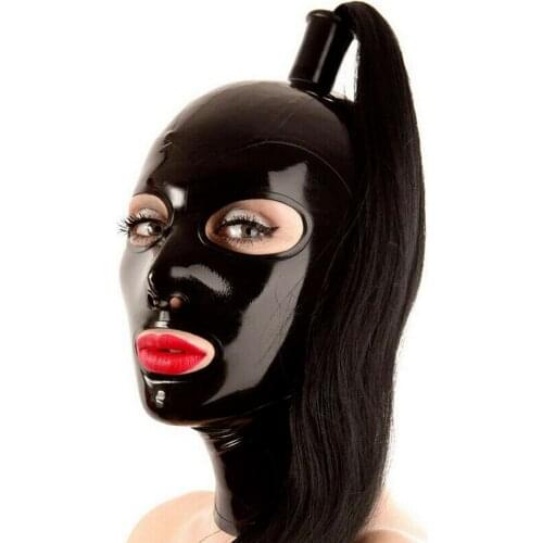 Latex Hood with Black Ponytail Wig Rubber Mask with Hair Pigtail Tube Party Wear chastity erotic sex toys