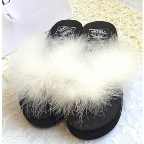 Summer women slippers real feather fur platform wedge heel thick bottom sandals beach shoes FREE SHIPPING