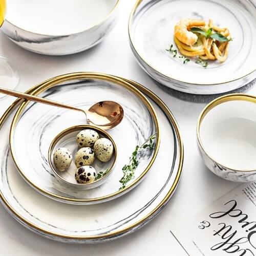 Creative Ceramic Marble Tableware Set Gold Bordered Bowl and Plate Solid Color 9-inch Home Dining Plate Kitchen Supplies