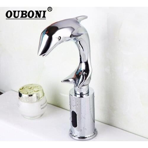 OUBONI Chrome Polish Wash Basin Sense Faucets Automatic Sensor Hand Free Dolphin Bathroom Basin Sink Faucet Chrome Mixer Tap