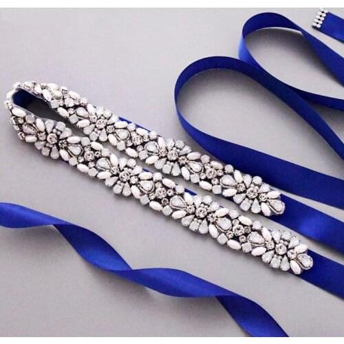 Handmade Opal Bridal Belt Silver Crystal Rhinestone Wedding Dress Belt with Satin Ribbon for Prom Dress bestido de noche B40