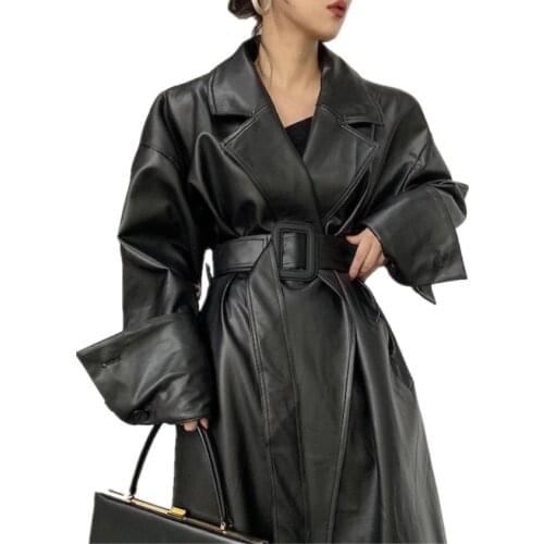 Turn Down Collar Trench Women Fashion PU Leather Trench Coats Women Elegant Tie Belt Waist Long Trench Female Ladies