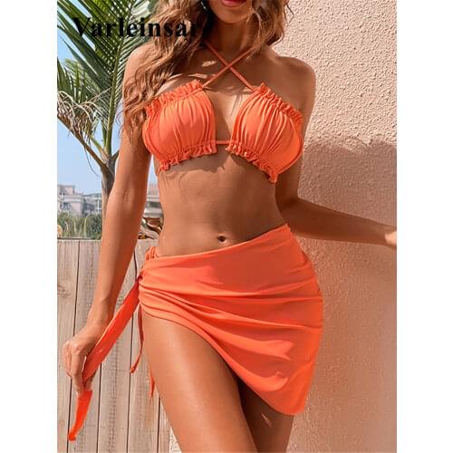 Sexy Wrinkled With Sarong Bikini Women Swimwear Female Swimsuit Three-pieces Bikini set Halter Bather Bathing Suit Swim V3196