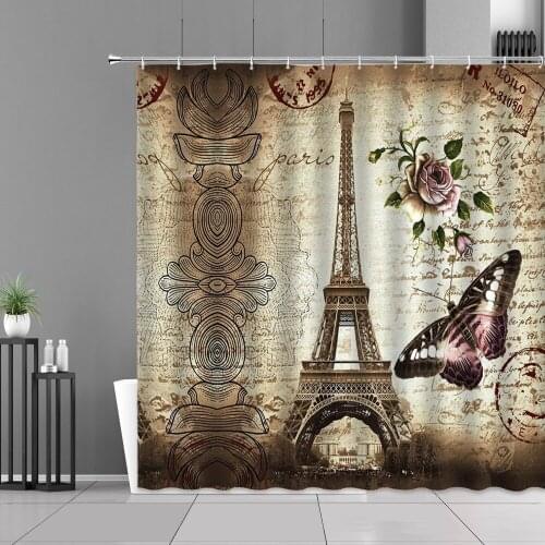 Retro Style Paris Tower Shower Curtain Flower Butterfly Printing Bathroom Bathtub Decorative Curtain Waterproof Polyester Fabric