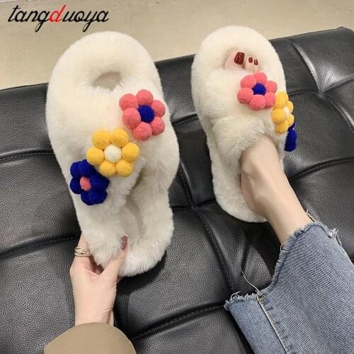 Flower furry slippers Women Winter Warm Shoes Woman Slip On Flats Slides Home Female Faux Fur Comfortable Non Slip Slippers