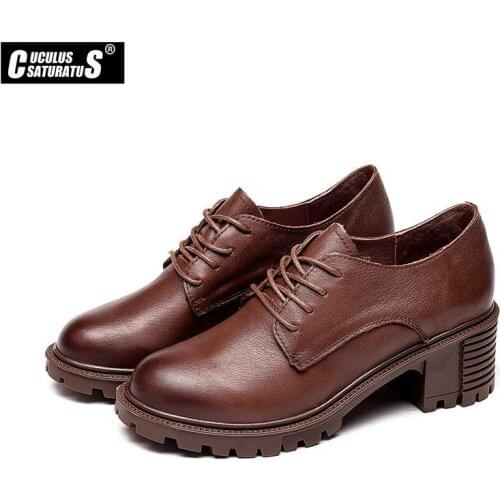 2021 New Shoes for Women Square Heel Female Footwear Genuine Leather Waterproof Breathable Lace-up Women Shoes zapatos de mujer