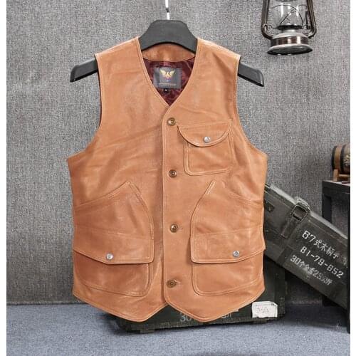 Mens Genuine Vest Japanese Bikers Style Sheepskin Leather Waistcoat Short Multiple Pockets Workwear Sleeveless Jacket