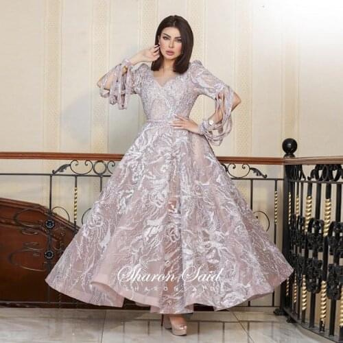 Arabic Pink Long Sleeve Evening Dresses for Women Elegant Dubai Wedding Party Night Dress Vintage Prom Formal Gowns Sharon Said