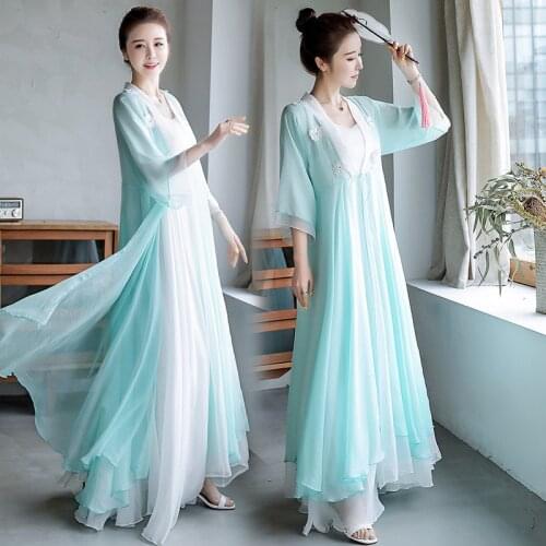 Hanfu Gown Sleeve Skirt + Camisole chinese satin silk dress cheongsam vestidos robe longue femme party dresses