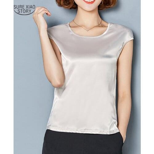 Silk Plus Size M-4XL Women Shirts 2021 Summer Satin Blouse Women Loose O-neck Sleeveless Casual Solid Ladies Tops Blusas 14752