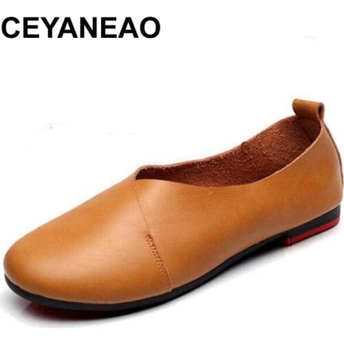 CEYANEAOHot Sale Handmade Genuine Leather Women Shoes Retro Casual Flat Shoes Peas Non-Slip Outdoor Shoes Plus Size 34 -43 E1535