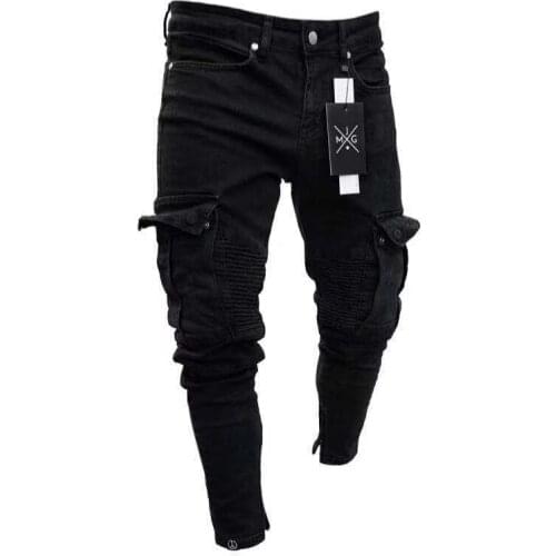 Men Jeans Boyfriend Skinny Jean with Pocket Solid Punk Autumn Winter Clothes Hip Hop Denim Trousers 2020 Pencil Pants Streetwear