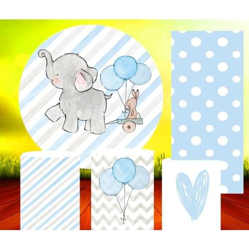 Blue Baby Shower Elephant Balloon Round Background Circle Backdrop Photo Studio Banner Cylinder Covers Boy Birthday Party Props