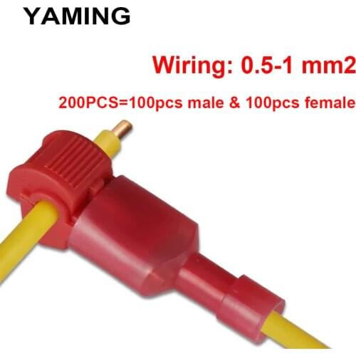 Red T Shape Terminal Wiring Connector 10A Universal Quick Connection Soft Wire Splice 0.5-1mm2 Male And Female 200PCS(100Set)
