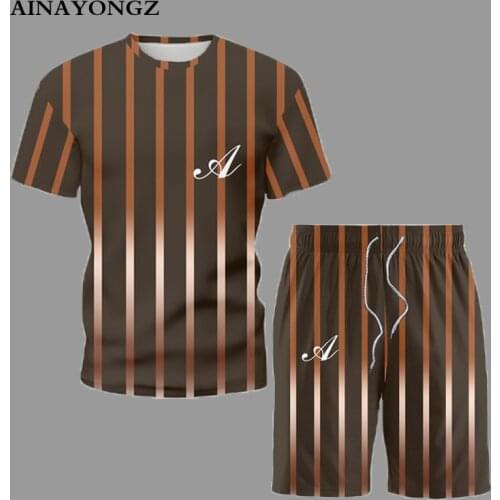 Summer Cool Short Outfit Men Clothing Casual T Shirt Shorts Two Piece Set Classic Stripe Print Plus Size Male Tracksuit Suit