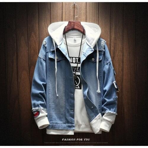 Men Hooded Denim Jackets Light Blue Holes Denim Coats New Spring Male Loose Casual Jean Jackets Hip Hop Jean Coats Size 3XL