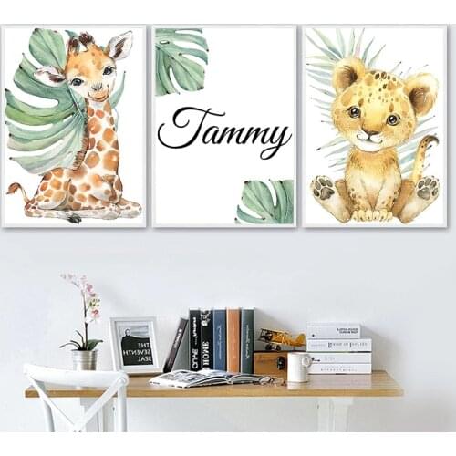 Custom Name Wall Poster Print Giraffe Zebra Elephant Lion Monstera Animal Wall Art Personalized Canvas Painting For Kids Bedroom