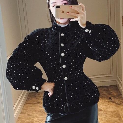 Fall/Winter Velvet cotton jacket Heavy Industry Lantern Long Sleeve Sequin Embroidery Diamond Plaid Womens Black Velvet Jacket