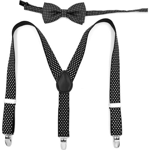 Toddler Kids Fashion Polka Dot Suspenders and Bow Tie Set for Boys Girls Adjustable Elastic Tuxedo Trouser Braces Y-Back 3 Clips