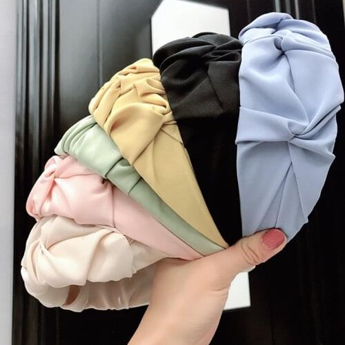 2021 New Satin Silk Wrinkled Headbands Women Candy Color Hairbands wide-Brim Knotted Hair Hoop Headband Girls Hair Accessories