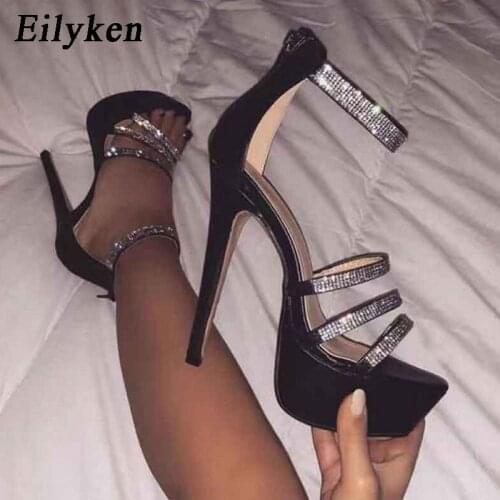 Eilyken New Design Women Silver Crystal Strap Zip Platform High Heel Sandal Sexy Peep Toe Steel Tube Dancing Girl Stripper Heels