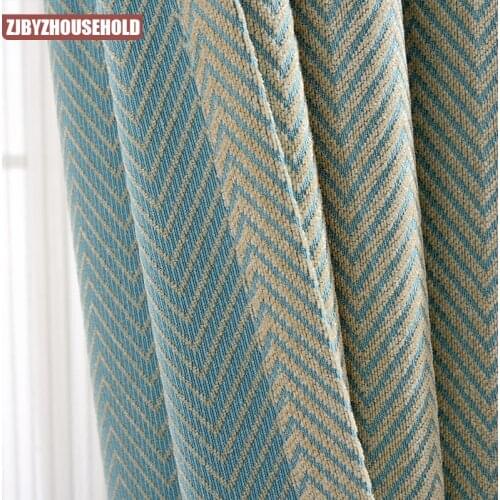 Customized Simple Lake Blue Striped Chenille Curtains Custom Blackout Floor Floating Finished Curtain for Living Room Bedroom