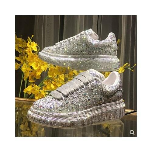 Womens shoes vulcanized womens shoes white shoes new full diamond thick bottom thinner and taller rhinestone single shoes