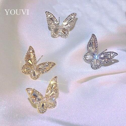 YOUVI Women S925 Silver Earrings Korean Sweet Butterfly Rhinestone Earring for Women Elegant Crystal Stud Earring Jewelry