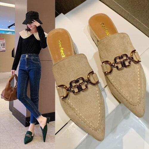 Women Slippers New Summer Low Heel Shoes Pointed Toe Female Slides Designer Mule Slippers Woman Luxury Brand Buckle Chain Shoe