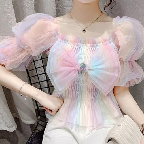 2021 new French style square neck sweet bow rainbow puff sleeve gauze top womens summer design sense niche