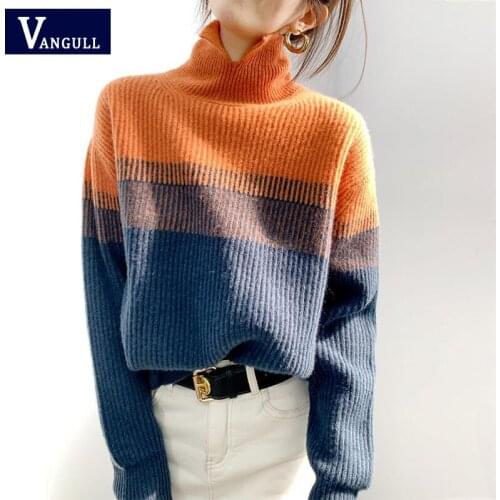 Vangull England Style Gradient Striped Sweater Women Autumn New Knitted Turtleneck Loose Pullover Sweater Long Sleeve Jumpers