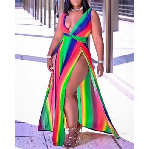 Summer Beachwear V Neck Rainbow Colorblock High Slit Sleeveless Casual Womens Slim Waist Maxi Long Dress Vetement Femme 2021