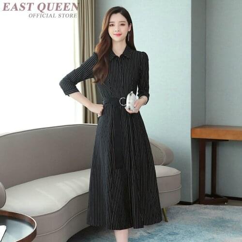 Women Dress Autumn 2019 Black Striped Dress Midi Long Shirt Dress Female Belt A Line Casual Dresses For Women 2019 DD2280
