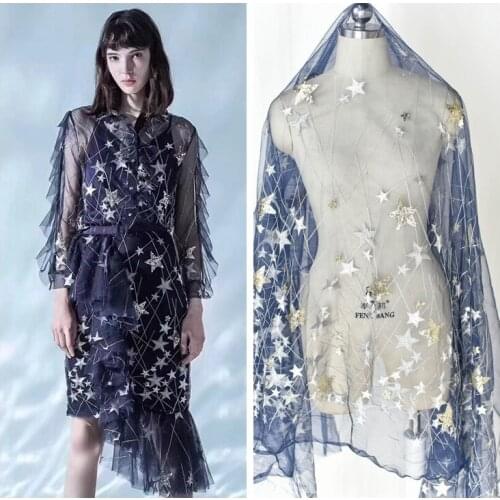 Stars Sequins d Beads Embroidery Mesh Transparent Fabric Wedding Dress Diy Material Dress Decorative Cloth RS1632
