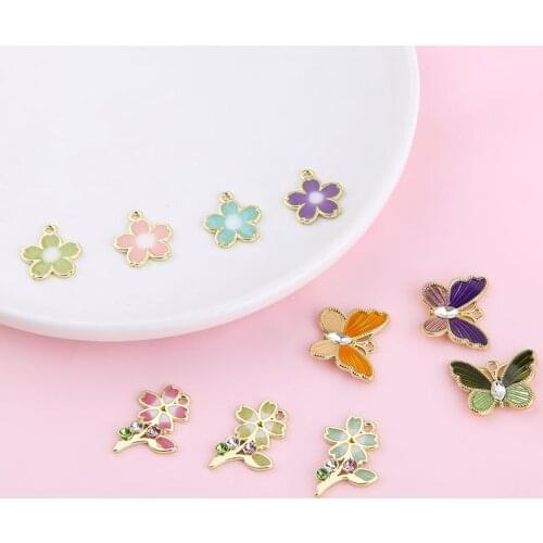6pcs Korean Style Cute fresh flowers alloy Rhinestones earrings small flowers five petals butterfly pendant DIY jewelry earring