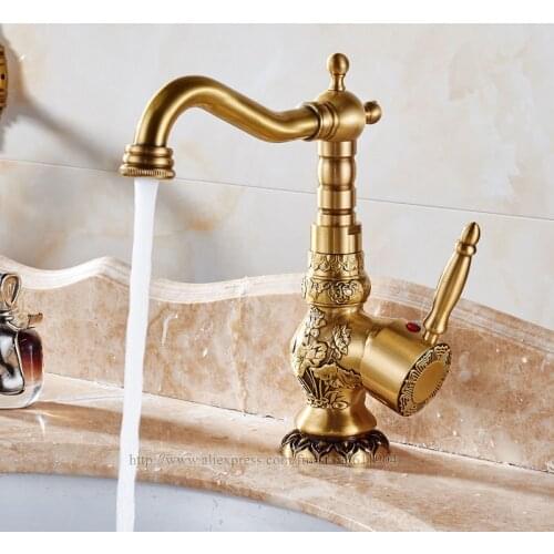 Antique Brass Bathroom Faucet Basin Mixer Taps Cold Hot Water Deck Mounted Single Handle Antique Style