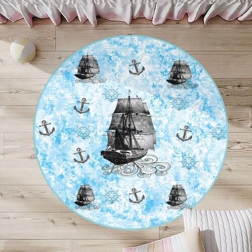 Mavi Yuvarlak Çocuk Odası Halısı gemi deniz halat kanca dümen mavi beyaz