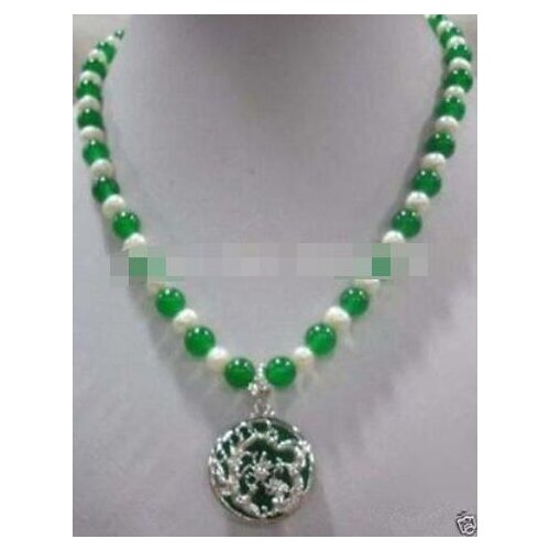 White 7-8 pearl 8mm green jade silver dragon pendant necklace new