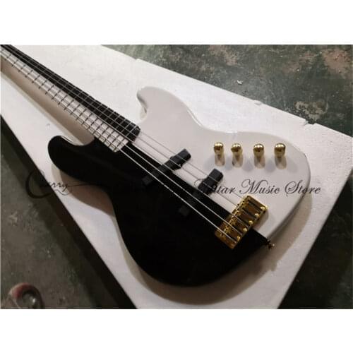 Free shipping order 5 strings JA bass guitar, white with black body and neck,gold bridge,2 swtich,strings through body