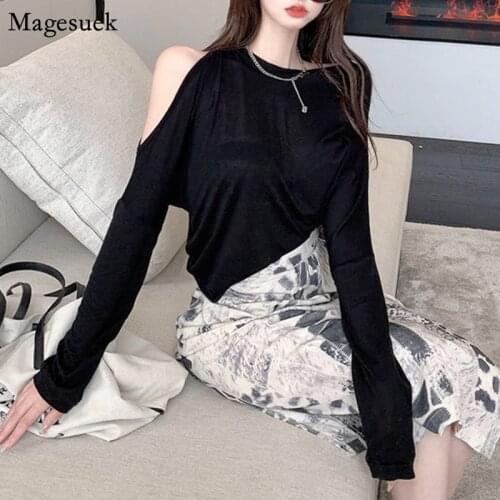 Off Shoulder Long Sleeve Women Blouses Autumn Korean Loose Sunscreen Cotton Shirt Woman Fashion O Neck Hollow Black Tops 16099