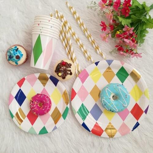 Colored Rhombus Disposable Tableware Set Paper Plate Straw Cup Baby Child Party Wedding Birthday Decoration Party Supplies