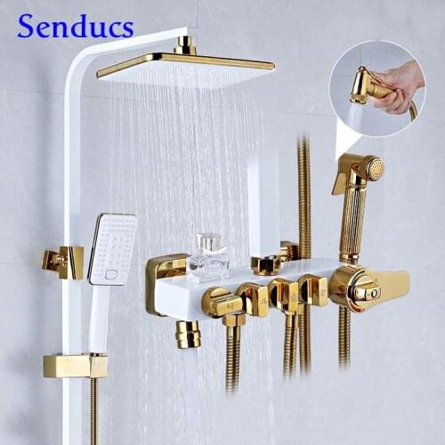 White Gold Bathroom Shower System of Copper Bath Bidet Solid Brass Bathroom Faucets Rainfall Shower Head Thermostatic Shower Set