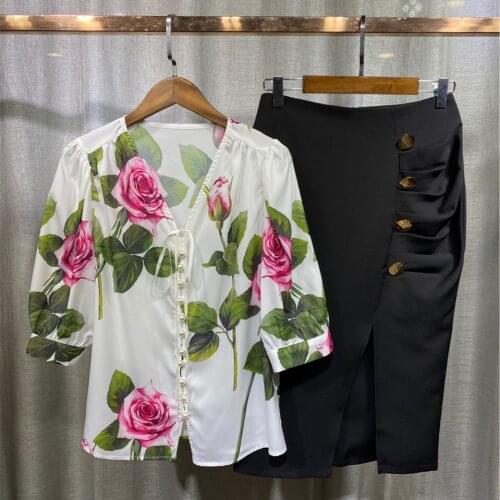 France Style elegnat OL skirt suit High quality floral print V-neck Shirts+black pencil skirt 2piece set B217