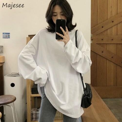 Long Sleeve T-shirts Solid O-neck Candy Colors Oversize Loose Ulzzang Fashion Streetwear BF Simple Spring Autumn All-match Ins