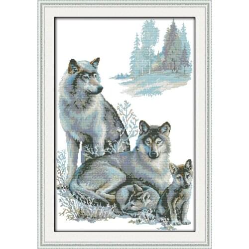 Joy Sunday A Wolf Family Animal Paintings Simple Beginners Hand Embroidery ChineseCross StitchNeedlework Counted Print on Canvas
