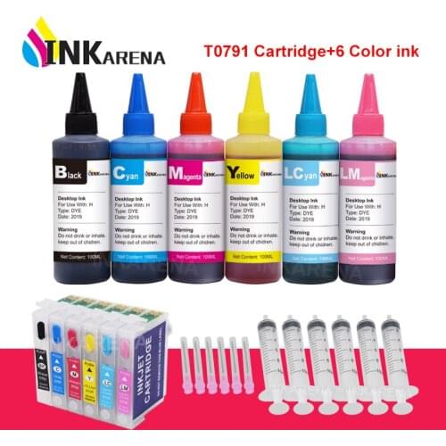 INKARENA T0791 - T0796 Ink Cartridge + 6×100ml Bottle Refill Ink Kits For Epson Stylus Photo 1400 1500W P50 Artisan 1430 PX650